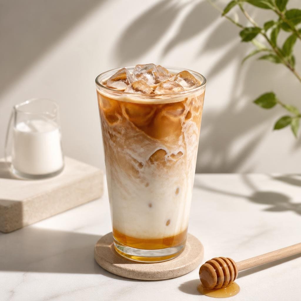 Es Honey Latte Kopi Ruang Hati dengan espresso madu susu dan krimer